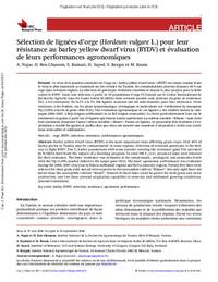 Sélection de lignées d’orge (Hordeum vulgare L.) pour leur résistance au barley yellow dwarf virus (BYDV) et évaluation de leurs performances agronomiques Sélection de lignées d’orge (Hordeum vulgare L.) pour leur résistance au barley yellow dwarf virus (BYDV) et évaluation de leurs performances agronomiques