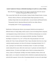 Genetic Variation for Tolerance to Herbicide Imazethapyr in Lentil (Lens culinaris Medik.) Genetic Variation for Tolerance to Herbicide Imazethapyr in Lentil (Lens culinaris Medik.)