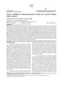 Genetic variability for nutritional quality in Lentil (Lens culinaris Medikus Subsp. culinaris) Genetic variability for nutritional quality in Lentil (Lens culinaris Medikus Subsp. culinaris)