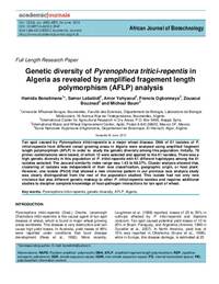 Genetic diversity of Pyrenophora tritici-repentis in Algeria as revealed by amplified fragement length polymorphism (AFLP) analysis Genetic diversity of Pyrenophora tritici-repentis in Algeria as revealed by amplified fragement length polymorphism (AFLP) analysis