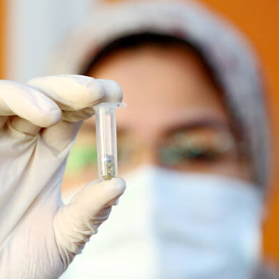 Researcher with vial researcher with vial