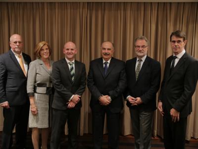 (L to R) Dr. Ronnie Coffman, Vice Chair, BGRI, Dr. Jeanie Borlaug Laube, Chair, BGRI, Dr. David Hodson, CIMMYT-Ethiopia, Dr. Mahmoud Solh, Director General, ICARDA, Dr. Hans Braun, Director, CRP Wheat & Dr. Robert Park, University of Sydney