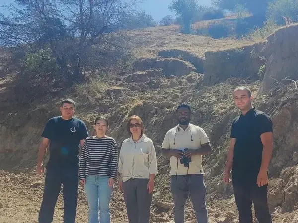 From left to right: Oybek Khalilov; Diana Khvan; Mira Haddad; Abeyou Worqlul, Jurabek Tulayev. Project team during validation visit to the Tashkent region on September 19, 2025.   