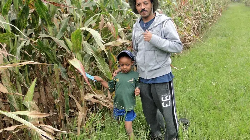 Dr. Girma T. Kassie with his son in the field Dr. Girma T. Kassie with his son in the field