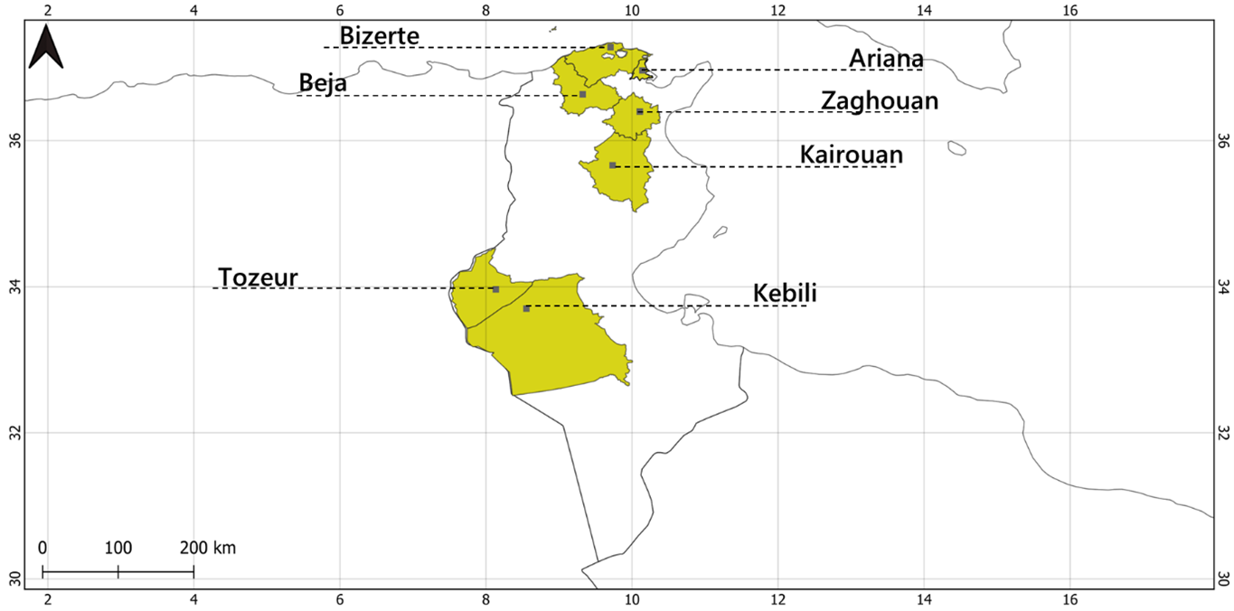 Geographical distribution of pilot Community-Based Breeding Programs (CBBPs) in Tunisia