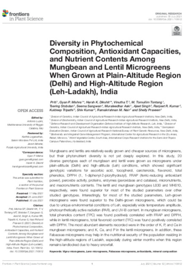 Diversity in Phytochemical Composition, Antioxidant Capacities, and Nutrient Contents Among Mungbean and Lentil Microgreens When Grown at Plain-Altitude Region (Delhi) and High-Altitude Region (Leh-Ladakh), India