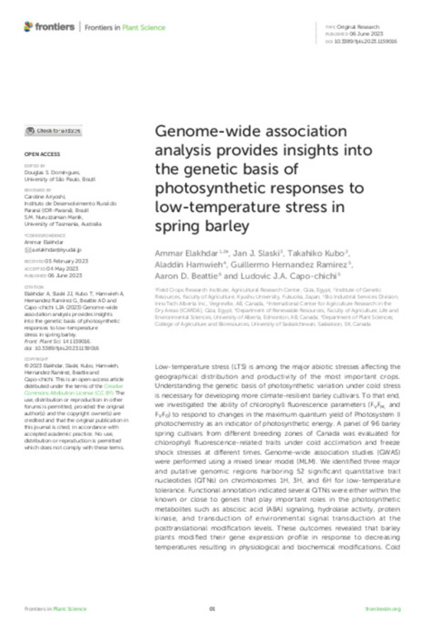 Genome-wide association analysis provides insights into the genetic basis of photosynthetic responses to low-temperature stress in spring barley