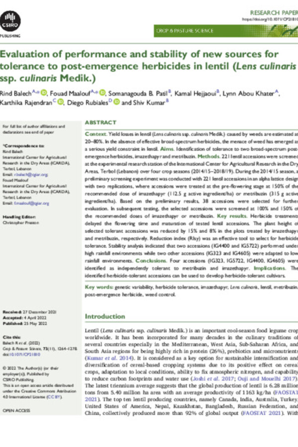 Evaluation of performance and stability of new sources for tolerance to post-emergence herbicides in lentil (Lens culinaris ssp. culinaris Medik.)
