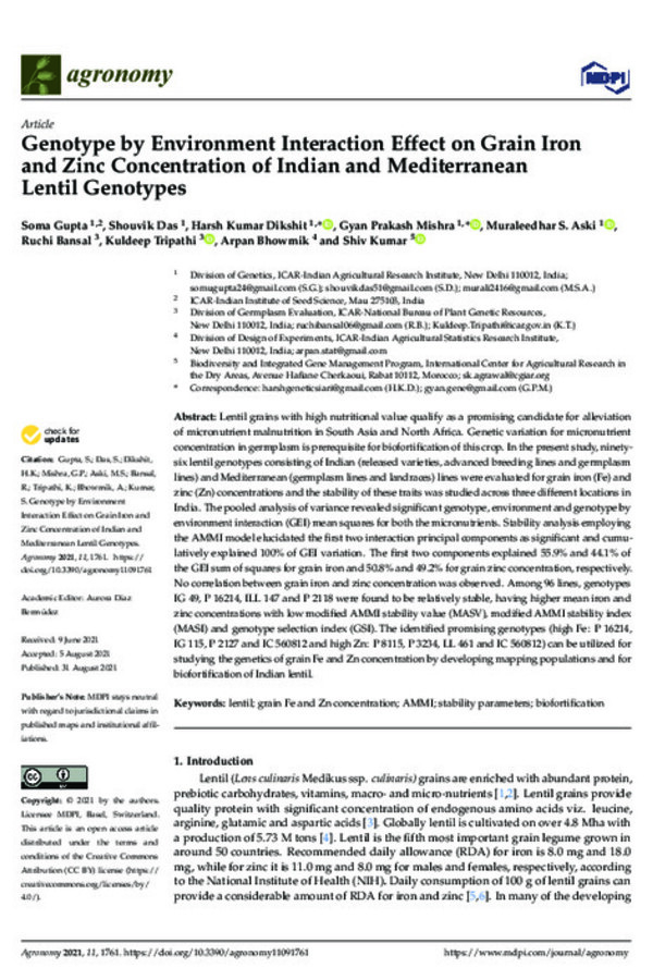 Genotype by Environment Interaction Effect on Grain Iron and Zinc Concentration of Indian and Mediterranean Lentil Genotypes Genotype by Environment Interaction Effect on Grain Iron and Zinc Concentration of Indian and Mediterranean Lentil Genotypes