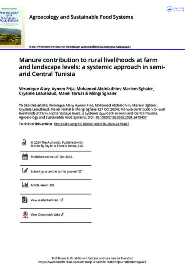 Manure contribution to rural livelihoods at farm and landscape levels: a systemic approach in semi-arid Central Tunisia Manure contribution to rural livelihoods at farm and landscape levels: a systemic approach in semi-arid Central Tunisia