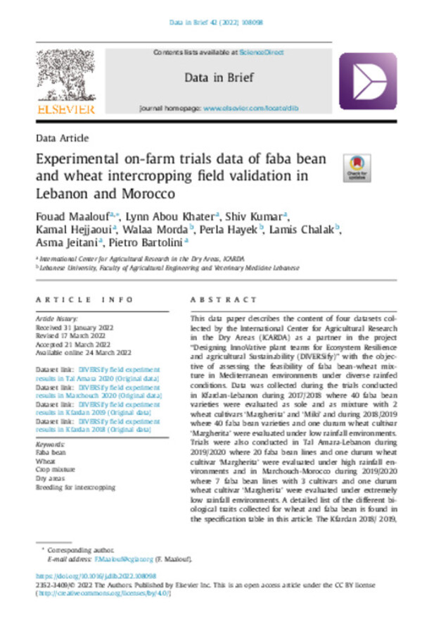 Experimental on-farm trials data of faba bean and wheat intercropping field validation in Lebanon and Morocco Experimental on-farm trials data of faba bean and wheat intercropping field validation in Lebanon and Morocco