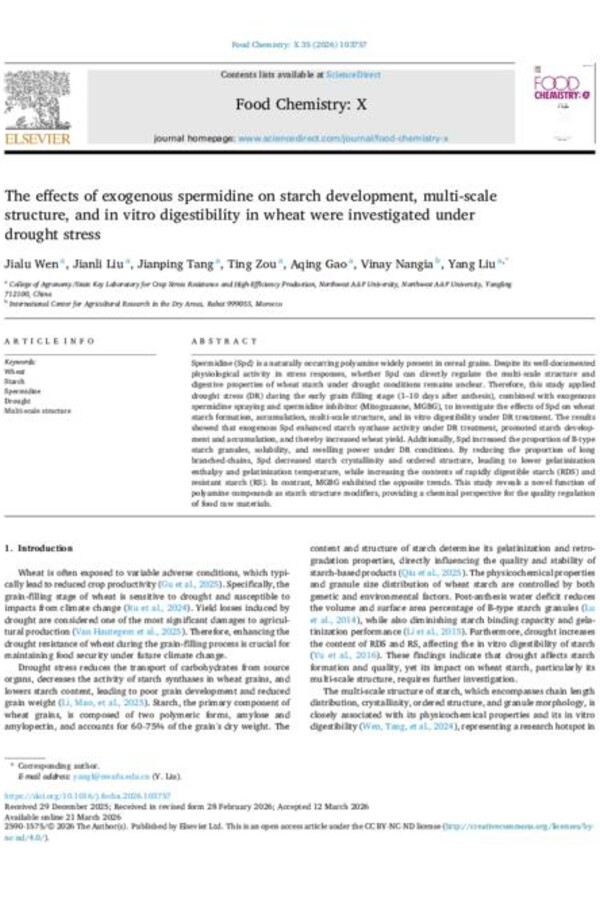The effects of exogenous spermidine on starch development, multi-scale structure, and in vitro digestibility in wheat were investigated under drought stress