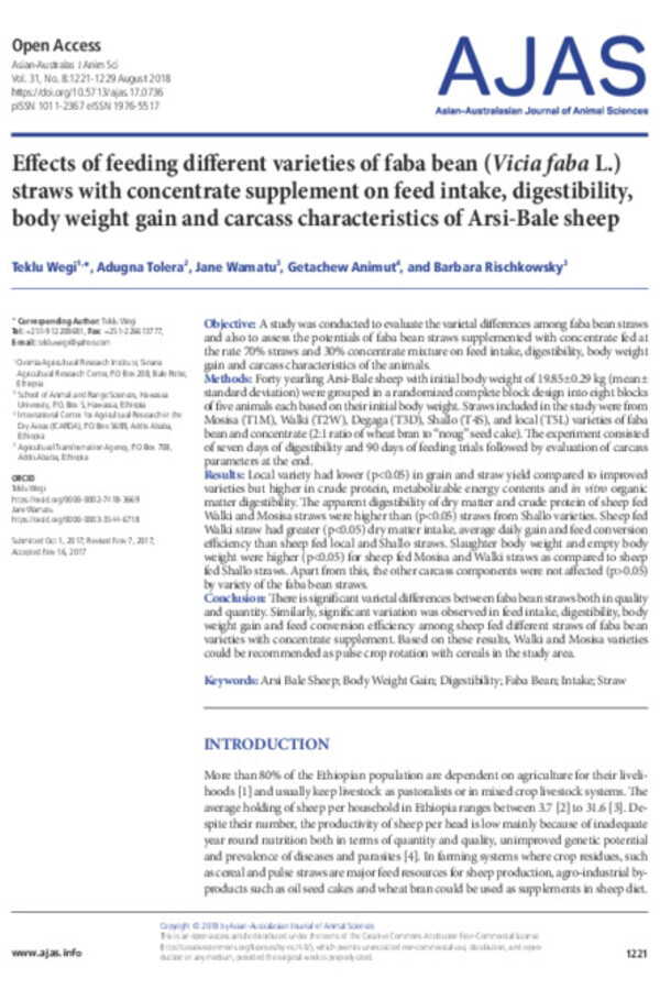 Effects of feeding different varieties of faba bean (Vicia faba L.) straws with concentrate supplement on feed intake, digestibility, body weight gain and carcass characteristics of Arsi-Bale sheep