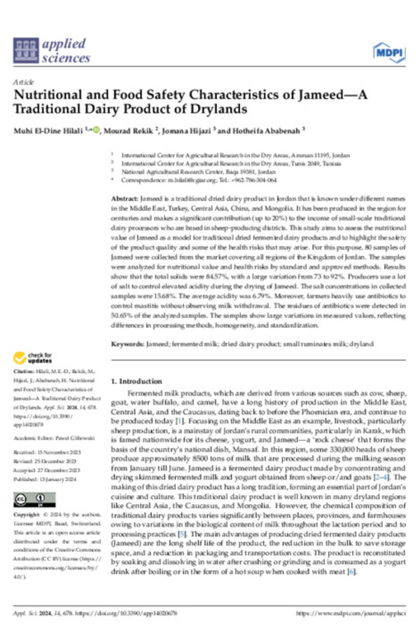 Nutritional and Food Safety Characteristics of Jameed - A Traditional Dairy Product of Drylands