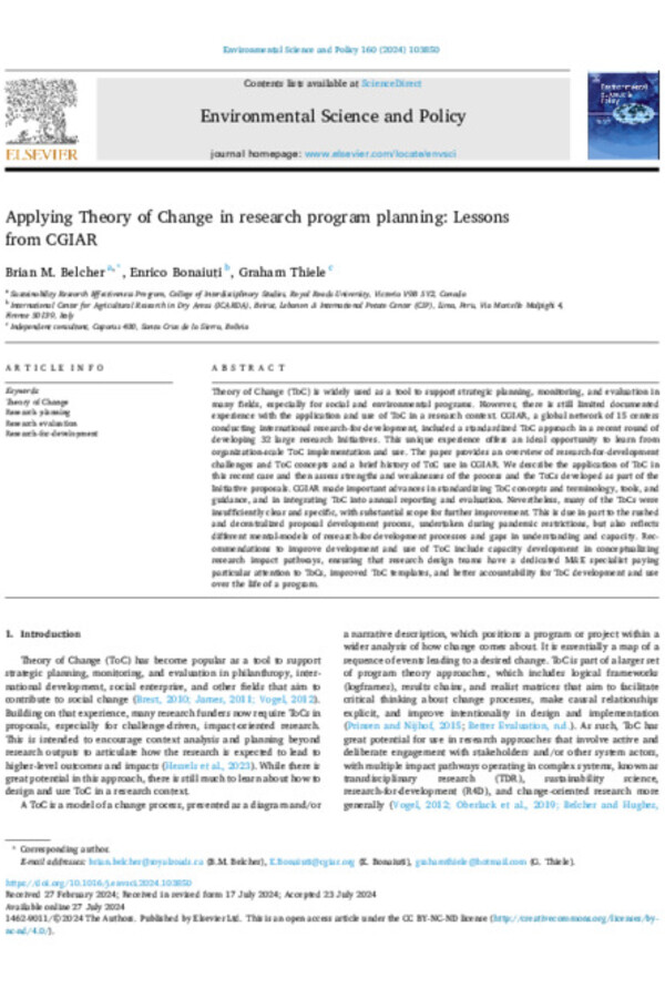 Applying Theory of Change in research program planning: Lessons from CGIAR