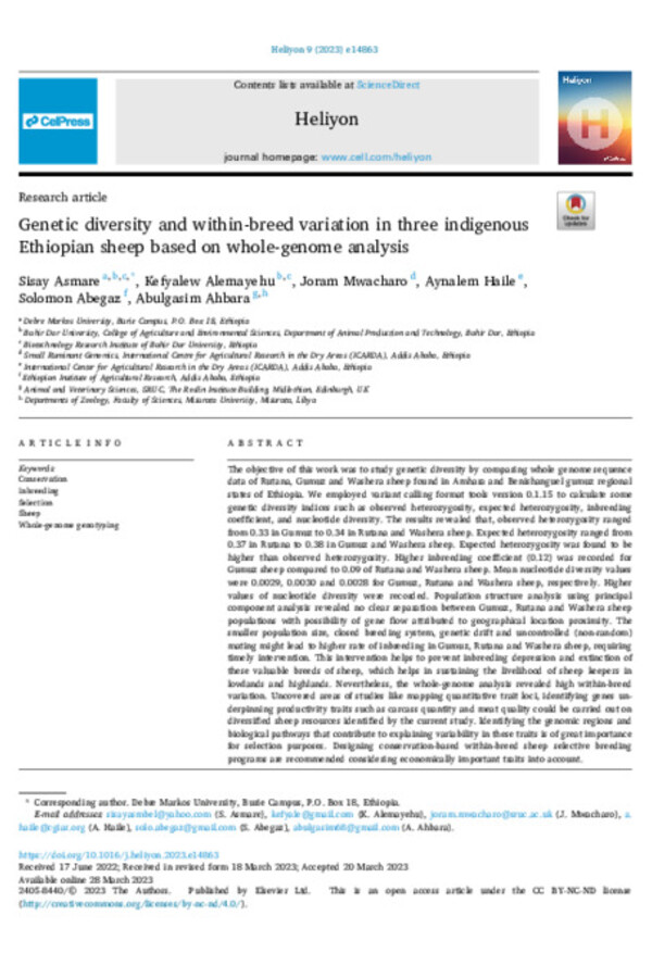 Genetic diversity and within-breed variation in three indigenous Ethiopian sheep based on whole-genome analysis