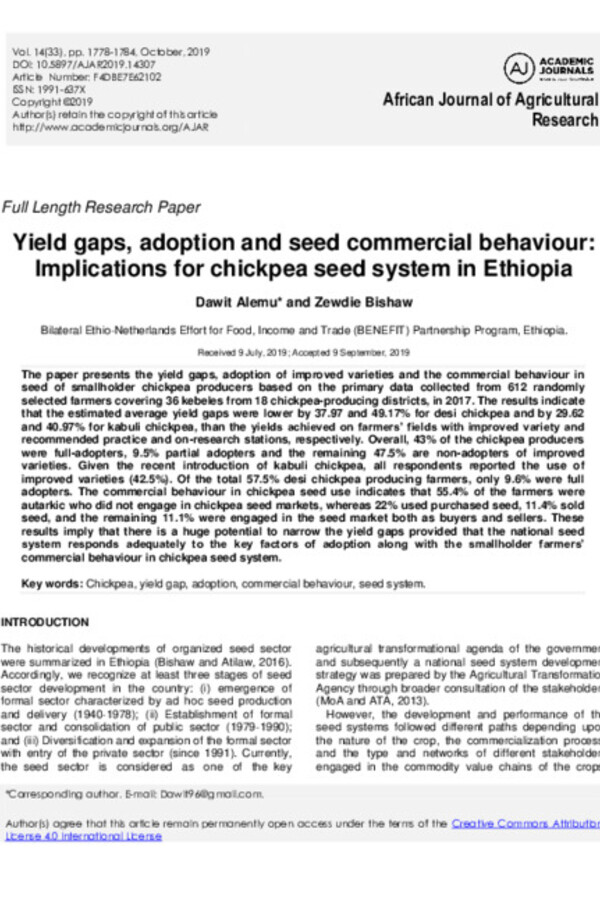 Yield gaps, adoption and seed commercial behaviour: Implications for chickpea seed system in Ethiopia Yield gaps, adoption and seed commercial behaviour: Implications for chickpea seed system in Ethiopia
