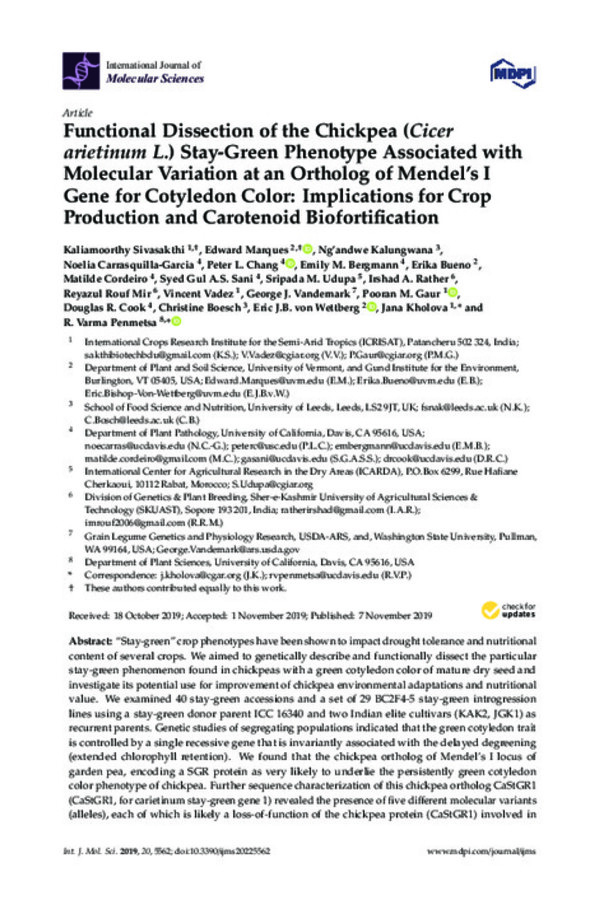 Functional Dissection of the Chickpea (Cicer arietinum L.) Stay-Green Phenotype Associated with Molecular Variation at an Ortholog of Mendel’s I Gene for Cotyledon Color: Implications for Crop Production and Carotenoid Biofortiﬁcation