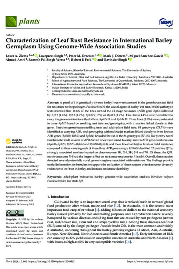 Characterization of Leaf Rust Resistance in International Barley Germplasm Using Genome-Wide Association Studies Characterization of Leaf Rust Resistance in International Barley Germplasm Using Genome-Wide Association Studies