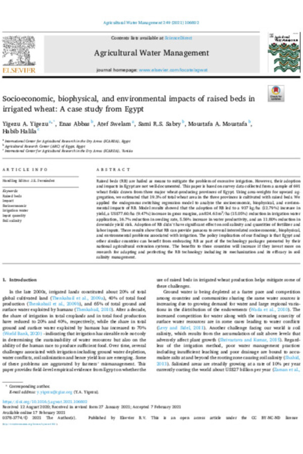 Socioeconomic, biophysical, and environmental impacts of raised beds in irrigated wheat: A case study from Egypt