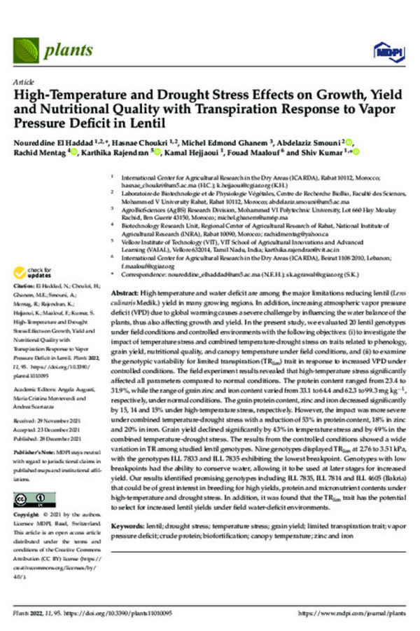 High-Temperature and Drought Stress Effects on Growth, Yield and Nutritional Quality with Transpiration Response to Vapor Pressure Deficit in Lentil
