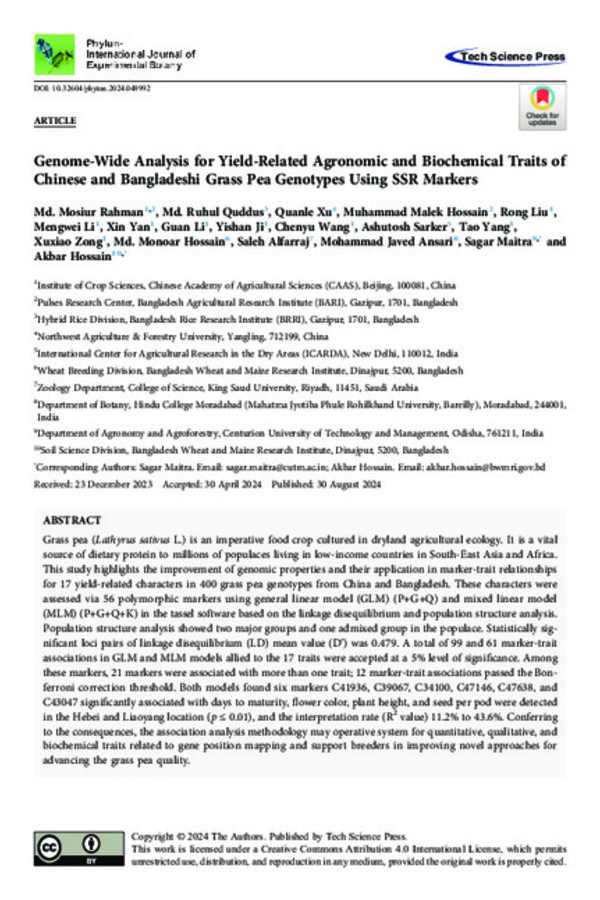 Genome-Wide Analysis for Yield-Related Agronomic and Biochemical Traits of Chinese and Bangladeshi Grass Pea Genotypes Using SSR Markers