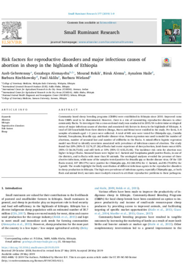 Risk Factors for Reproductive Disorders and Major Infectious Causes of Abortion in Sheep in the Highlands of Ethiopia