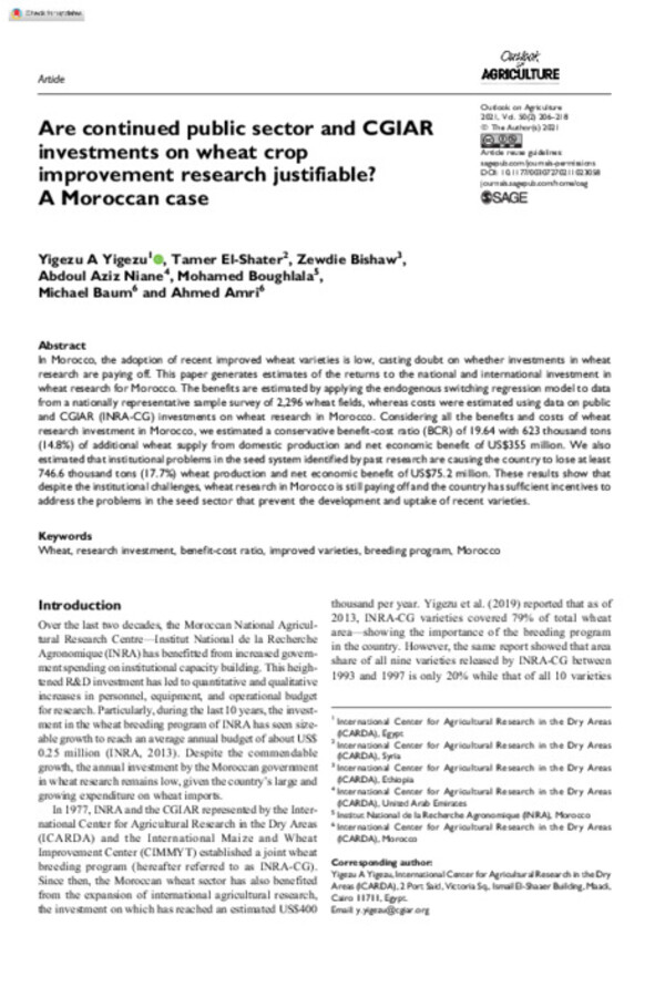 Are continued public sector and CGIAR investments on wheat crop improvement research justifiable? A Moroccan case