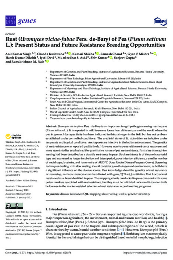 Rust (Uromyces viciae-fabae Pers. de-Bary) of Pea (Pisum sativum L.): Present Status and Future Resistance Breeding Opportunities Rust (Uromyces viciae-fabae Pers. de-Bary) of Pea (Pisum sativum L.): Present Status and Future Resistance Breeding Opportunities