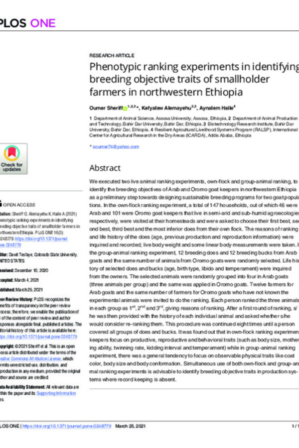 Phenotypic ranking experiments in identifying breeding objective traits of smallholder farmers in northwestern Ethiopia Phenotypic ranking experiments in identifying breeding objective traits of smallholder farmers in northwestern Ethiopia