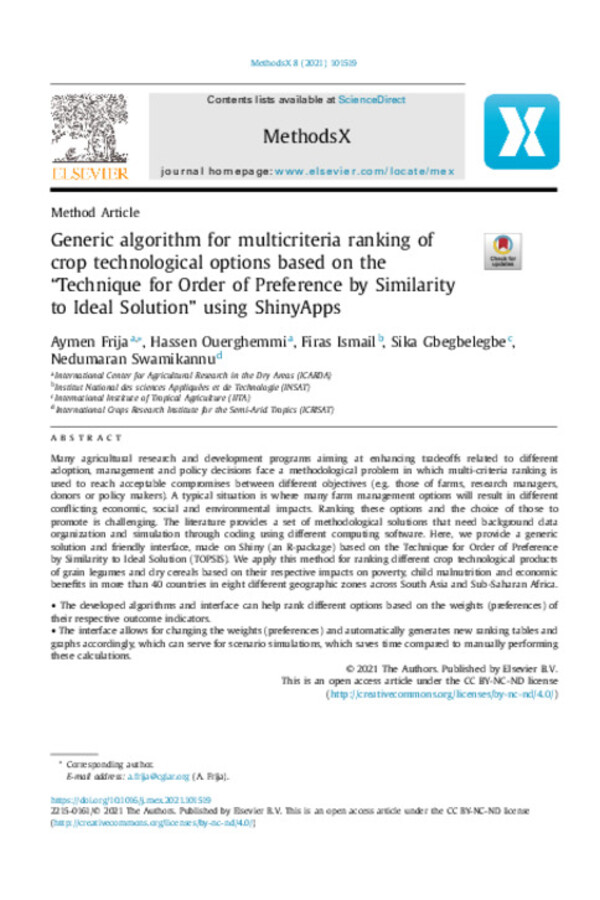  Generic algorithm for multicriteria ranking of crop technological options based on the “Technique for Order of Preference by Similarity to Ideal Solution” using ShinyApps