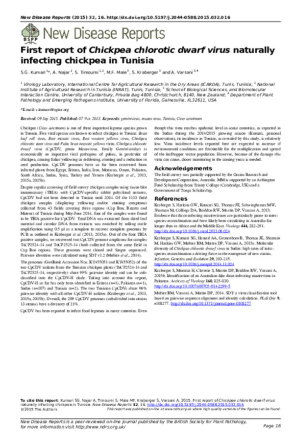 First report of Chickpea chlorotic dwarf virus naturally infecting chickpea in Tunisia First report of Chickpea chlorotic dwarf virus naturally infecting chickpea in Tunisia