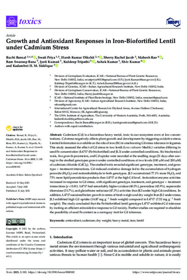 Growth and Antioxidant Responses in Iron-Biofortified Lentil under Cadmium Stress Growth and Antioxidant Responses in Iron-Biofortified Lentil under Cadmium Stress