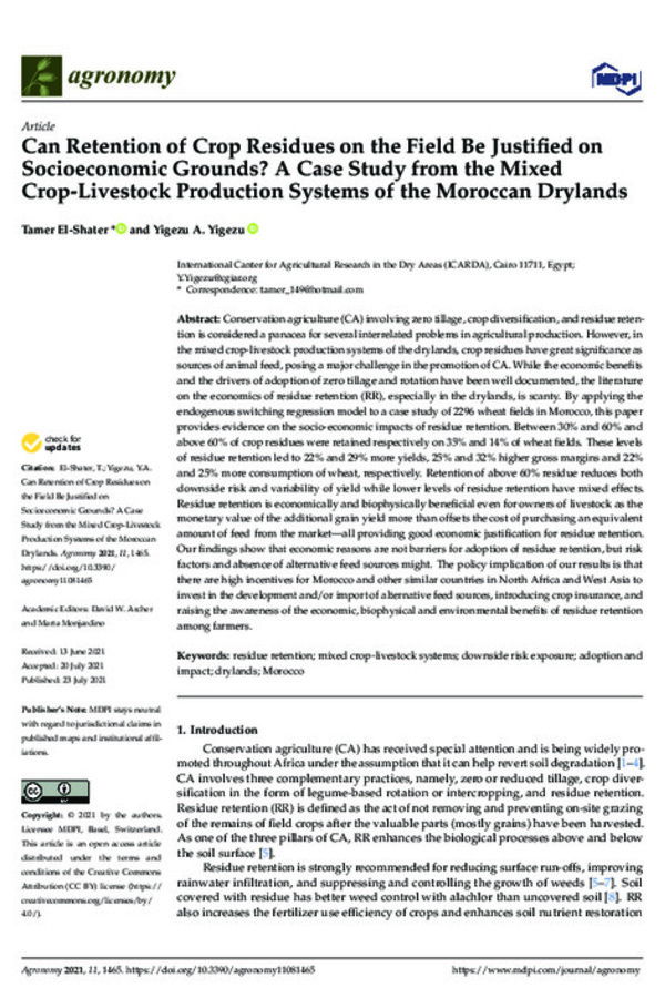 Can Retention of Crop Residues on the Field Be Justified on Socioeconomic Grounds? A Case Study from the Mixed Crop-Livestock Production Systems of the Moroccan Drylands