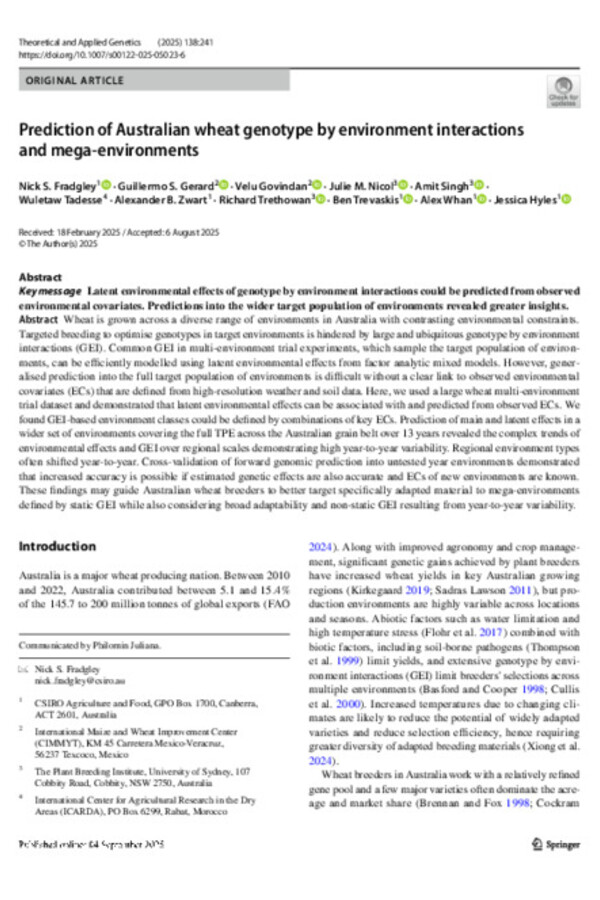 Prediction of Australian wheat genotype by environment interactions and mega‑environments