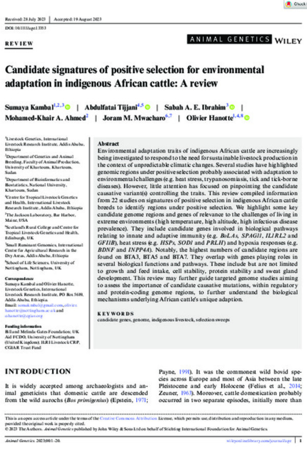 Candidate signatures of positive selection for environmental adaptation in indigenous African cattle: A review