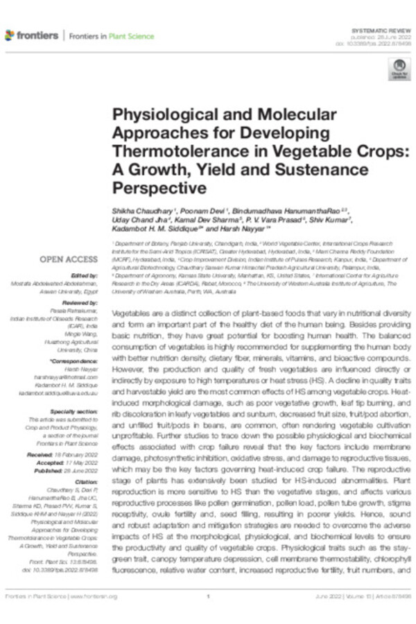 Physiological and Molecular Approaches for Developing Thermotolerance in Vegetable Crops: A Growth, Yield and Sustenance Perspective