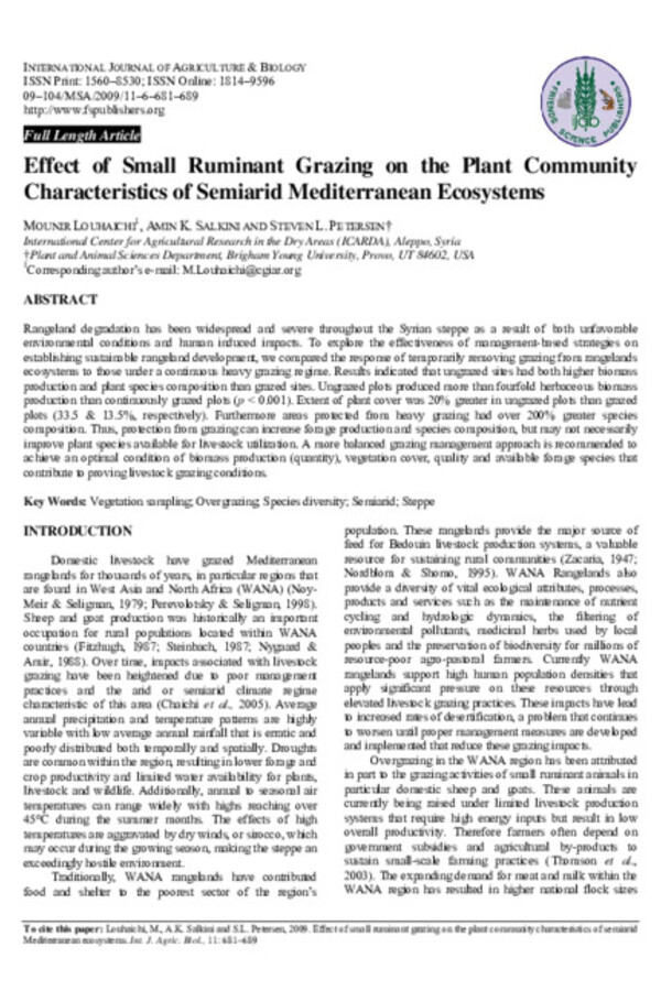Effect of Small Ruminant Grazing on the Plant Community Characteristics of Semiarid Mediterranean Ecosystems Effect of Small Ruminant Grazing on the Plant Community Characteristics of Semiarid Mediterranean Ecosystems