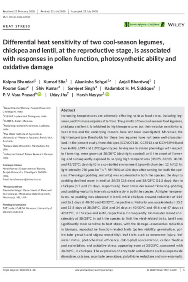 Differential heat sensitivity of two cool-season legumes, chickpea and lentil, at the reproductive stage, is associated with responses in pollen function, photosynthetic ability and oxidative damage