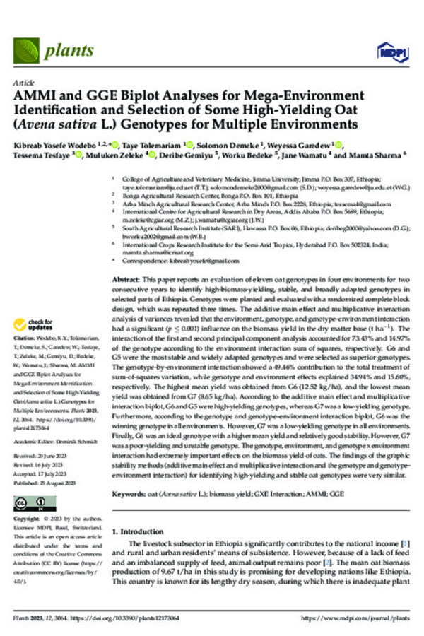 AMMI and GGE Biplot Analyses for Mega-Environment Identification and Selection of Some High-Yielding Oat (Avena sativa L.) Genotypes for Multiple Environments
