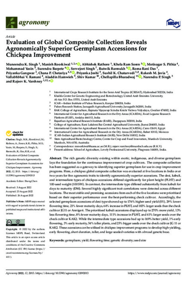 Evaluation of Global Composite Collection Reveals Agronomically Superior Germplasm Accessions for Chickpea Improvement Evaluation of Global Composite Collection Reveals Agronomically Superior Germplasm Accessions for Chickpea Improvement