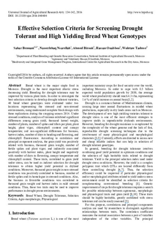 Effective Selection Criteria for Screening Drought Tolerant and High Yielding Bread Wheat Genotypes