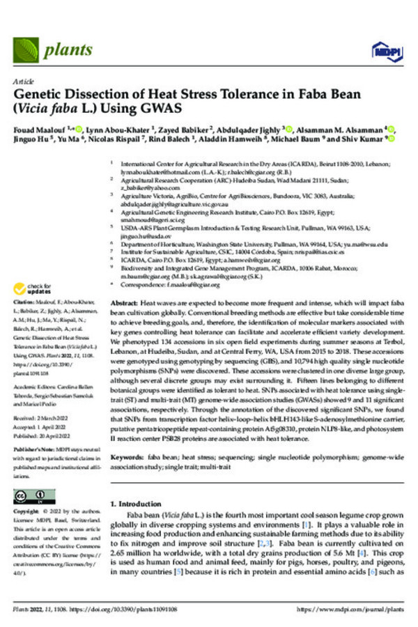 Genetic Dissection of Heat Stress Tolerance in Faba Bean (Vicia faba L.) Using GWAS Genetic Dissection of Heat Stress Tolerance in Faba Bean (Vicia faba L.) Using GWAS