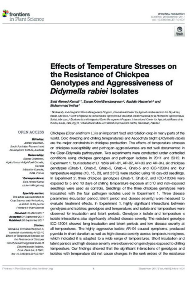 Effects of Temperature Stresses on the Resistance of Chickpea Genotypes and Aggressiveness of Didymella rabiei Isolates Effects of Temperature Stresses on the Resistance of Chickpea Genotypes and Aggressiveness of Didymella rabiei Isolates