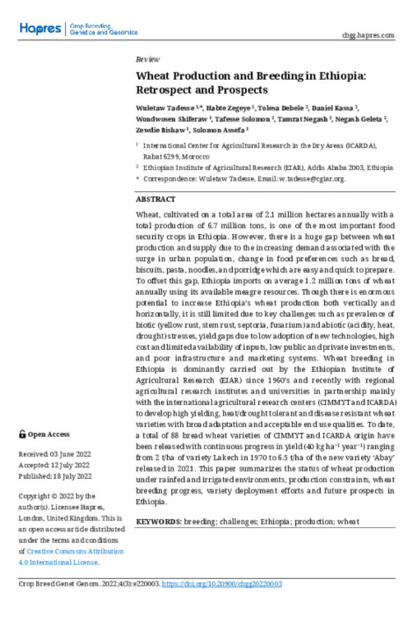 Wheat Production and Breeding in Ethiopia: Retrospect and Prospects