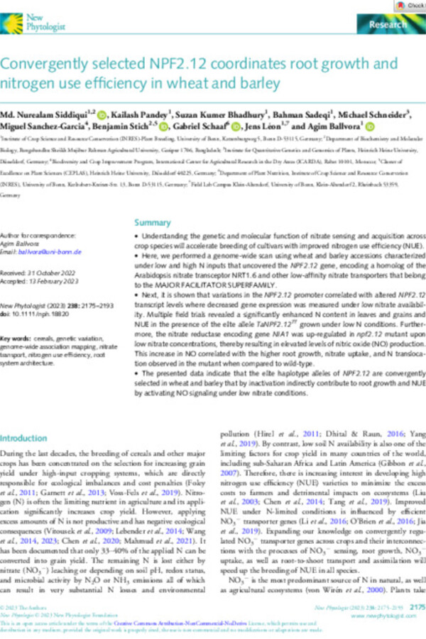 Convergently selected NPF2.12 coordinates root growth andnitrogen use efficiency in wheat and barley Convergently selected NPF2.12 coordinates root growth andnitrogen use efficiency in wheat and barley