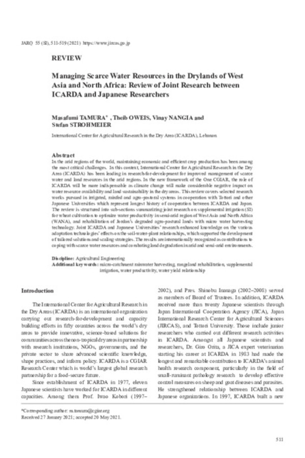 Managing Scarce Water Resources in the Drylands of West Asia and North Africa: Review of Joint Research between ICARDA and Japanese Researchers