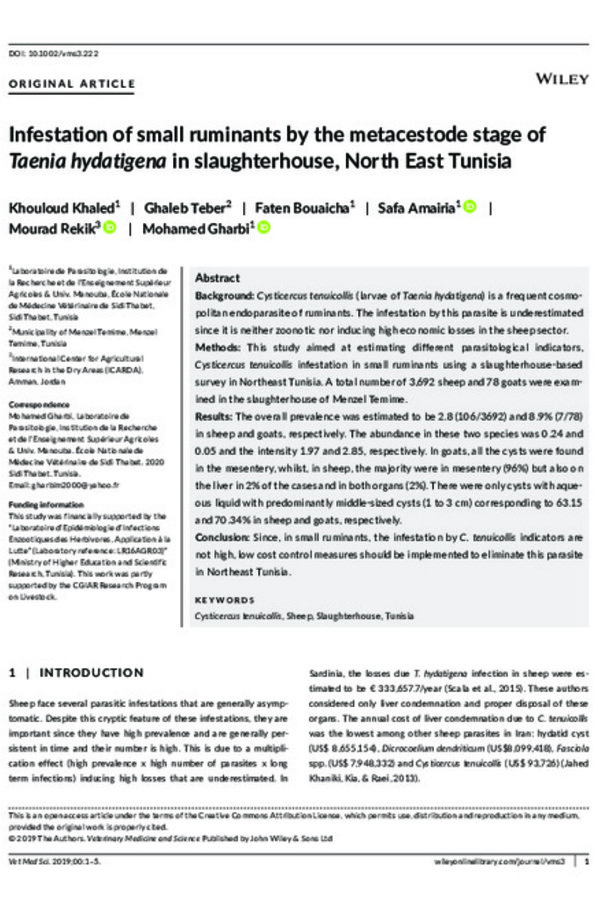 Infestation of small ruminants by the metacestode stage of Taenia hydatigena in slaughterhouse, North East Tunisia Infestation of small ruminants by the metacestode stage of Taenia hydatigena in slaughterhouse, North East Tunisia