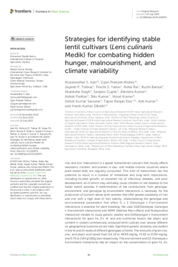 Strategies for identifying stable lentil cultivars (Lens culinaris Medik) for combating hidden hunger, malnourishment, and climate variability