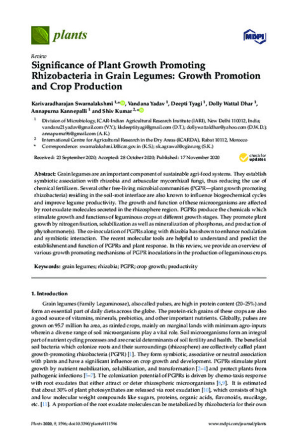 Significance of Plant Growth Promoting Rhizobacteria in Grain Legumes: Growth Promotion and Crop Production Significance of Plant Growth Promoting Rhizobacteria in Grain Legumes: Growth Promotion and Crop Production